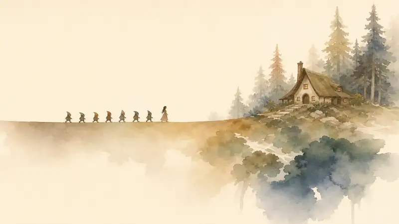 Snow White — watercolor illustration of seven small figures crossing a bridge toward a woodland cottage.