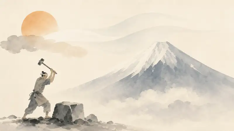 Stonecutter — watercolor illustration of a Japanese stonecutter raising his hammer before a vast mountain.