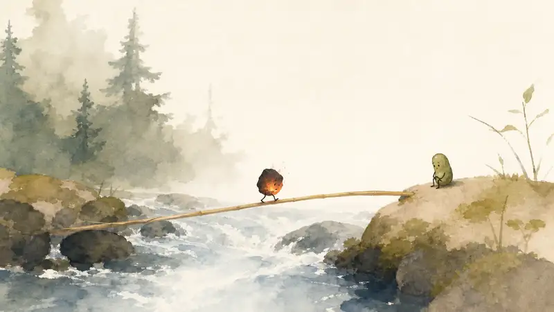 Straw, the Coal, and the Bean — watercolor illustration of a glowing coal crossing a straw bridge while a bean waits beside the stream.