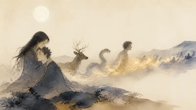 Tam Lin — watercolor illustration of Janet pulling Tam Lin from a moonlit fairy procession while his magical forms twist between them.