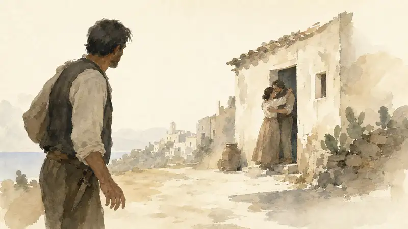 Three Admonitions — watercolor illustration of a Sicilian traveler recognizing his wife and grown son outside their cottage.