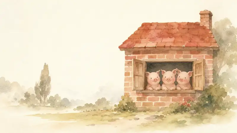 Three Little Pigs — watercolor illustration of the three little pigs peering from the window of their brick house.