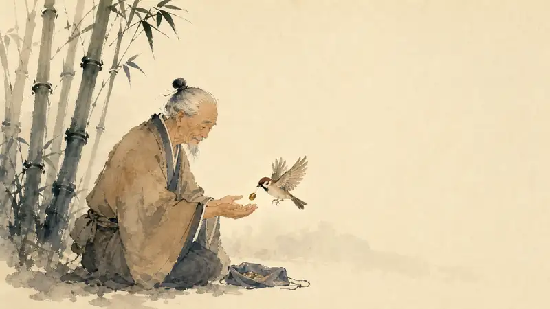 Tongue-Cut Sparrow — watercolor illustration of an old man gently feeding a sparrow in a bamboo grove.