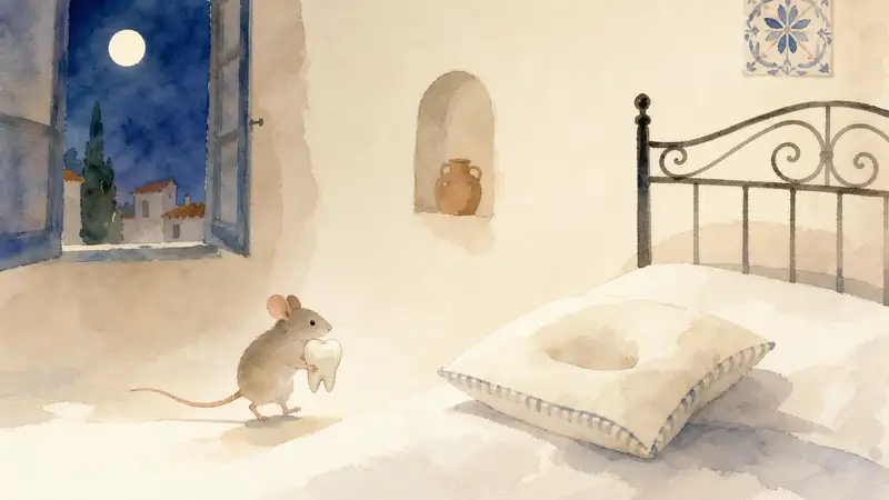 Tooth Mouse — watercolor illustration of a little mouse beside a child’s bed beneath an open moonlit window.