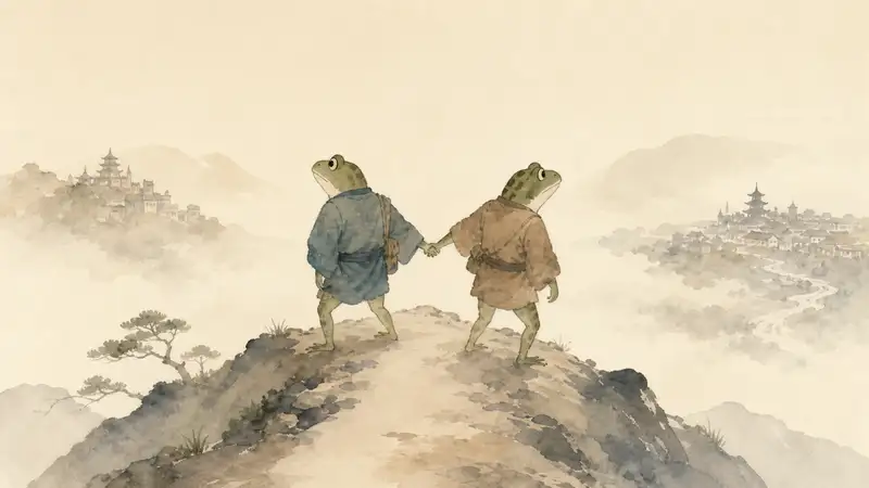 Two Frogs — watercolor illustration of two Japanese frogs looking backward toward distant cities from a mountain pass.