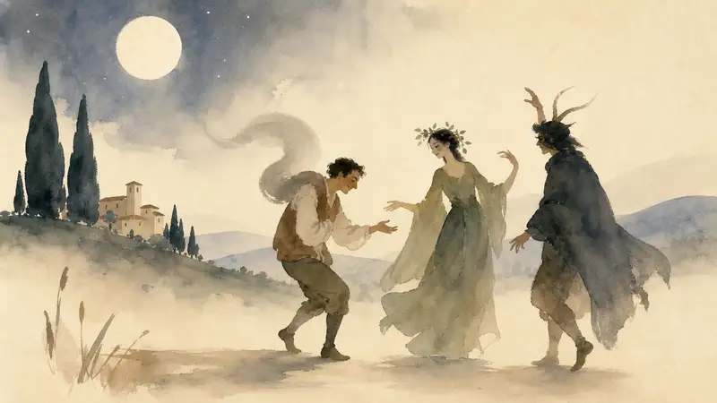 Two Humpbacks — watercolor illustration of a cheerful Tuscan man dancing with mysterious revelers beneath the moon.
