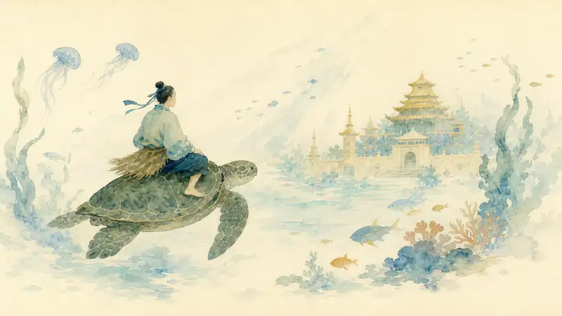 Urashima Taro — watercolor illustration of Urashima Tarō riding a sea turtle toward an underwater palace.