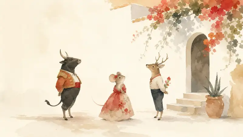 Vain Little Mouse — watercolor illustration of a finely dressed mouse meeting animal suitors outside her home.