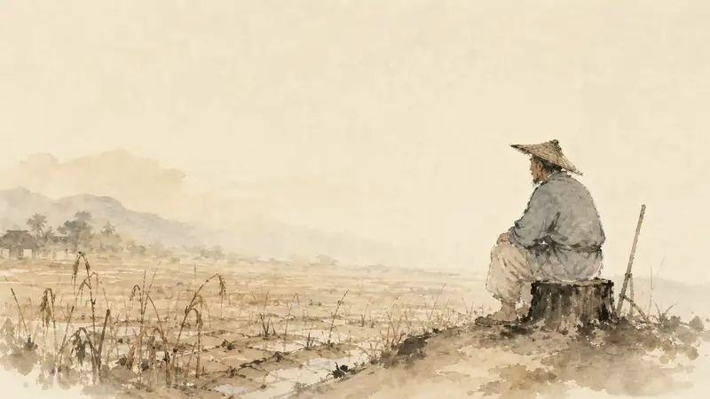 Waiting by the Stump — watercolor illustration of a farmer sitting beside a tree stump while his field goes untended.