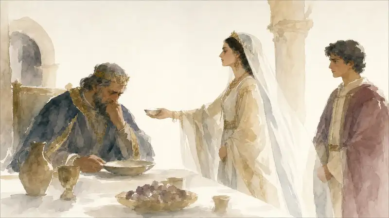 Water and Salt — watercolor illustration of a veiled Sicilian princess offering salt to her remorseful father at a wedding feast.