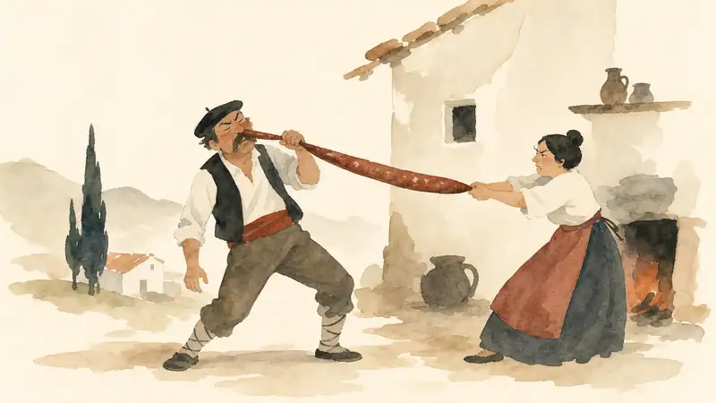 Wishes — watercolor illustration of a Spanish couple pulling a magical sausage from the woodcutter's nose.