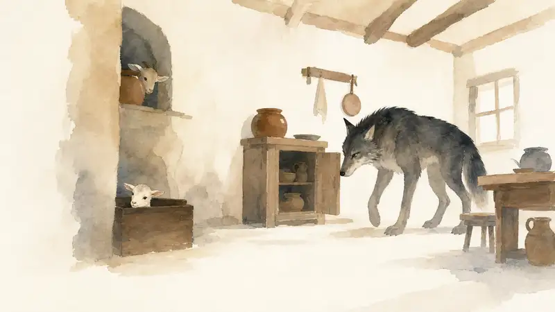 Wolf and the Seven Kids — watercolor illustration of a wolf searching a cottage kitchen while young goats hide.