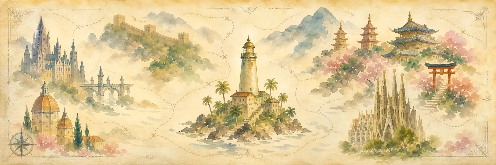 A watercolor illustration of world landmarks